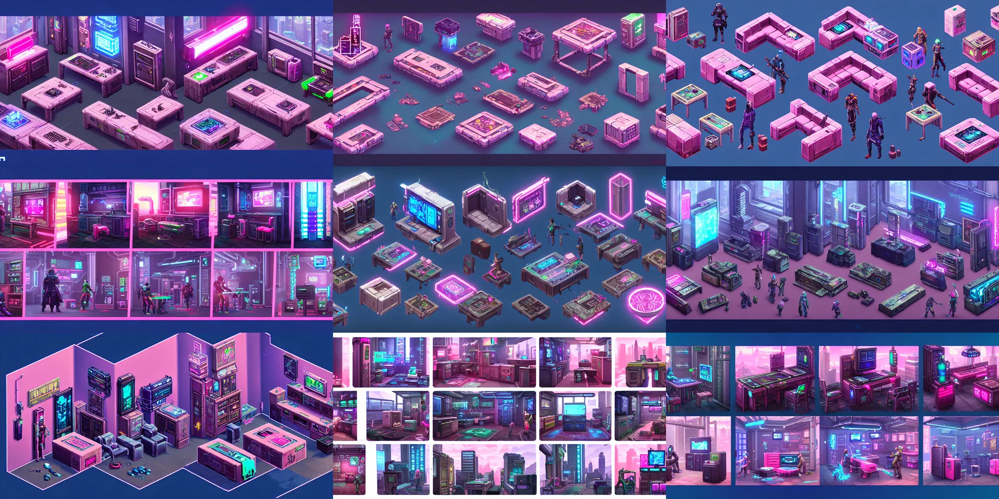Prompt: game asset of the sims cyberpunk hongkong shadowrun furniture and decor, no characters, in gouache detailed paintings, computer and console and mechanical, props, stylized, 2 d sprites, kitbash, arcane, overwatch, blue and pink color scheme, 8 k, close up