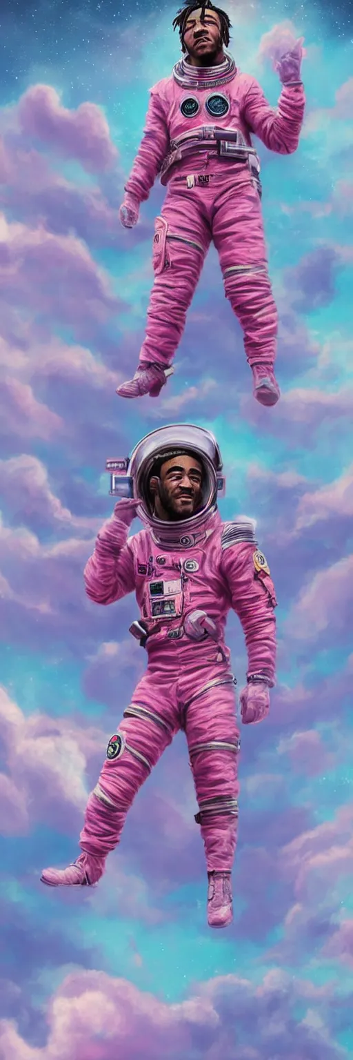 Image similar to Cinematic full body portrait of Lil Uzi Vert wearing a pink spacesuit, cinematic photograph, matte painting, trending on artstation, space clouds art