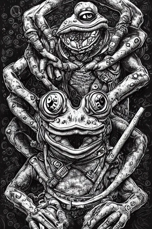 Image similar to humanoid toad warrior, frog themed, bog, symmetrical, highly detailed, digital art, sharp focus, trending on art station, kentaro miura manga art style