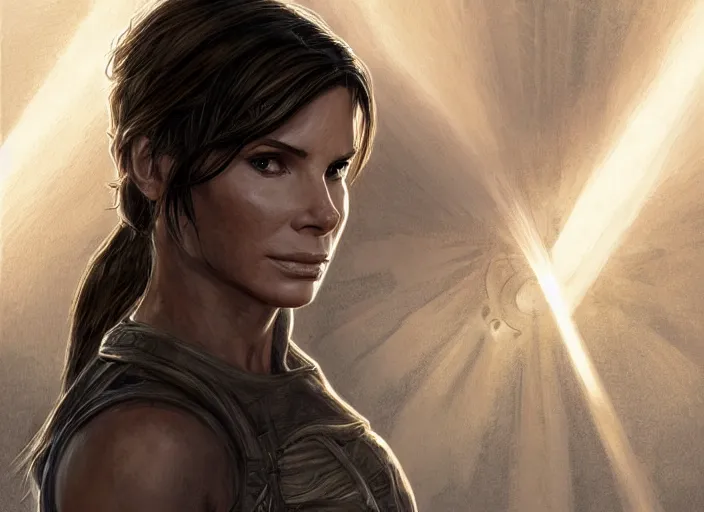 Image similar to face portrait of concentrated young Sandra Bullock as Lara Croft entering the large Minas Tirith gate, sun beams, intricate, elegant, highly detailed, centered, digital painting, artstation, concept art, smooth, sharp focus, illustration, Allan Lee, John Howe