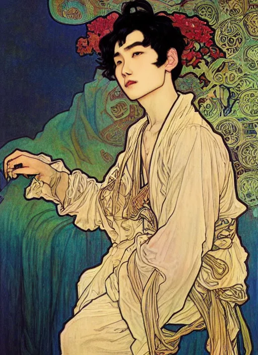 Image similar to cai xukun by james jean, manuel sanjulian, alphonse mucha