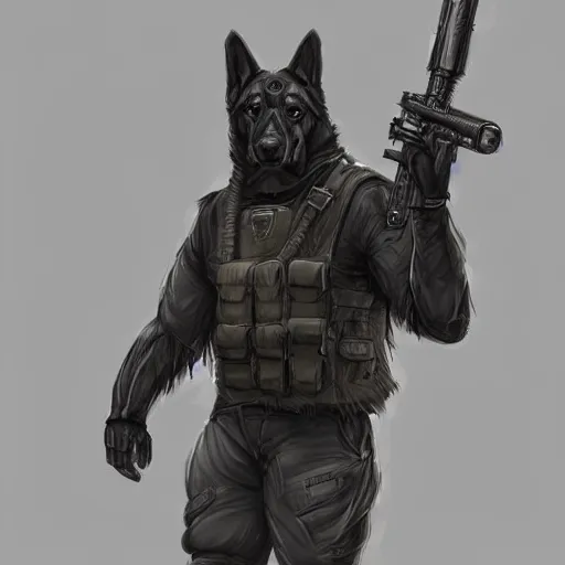 Image similar to a humanoid german shepherd beast - man in military style, he's wearing shoes, artstation, concept art, smooth, sharp foccus ilustration, artstation