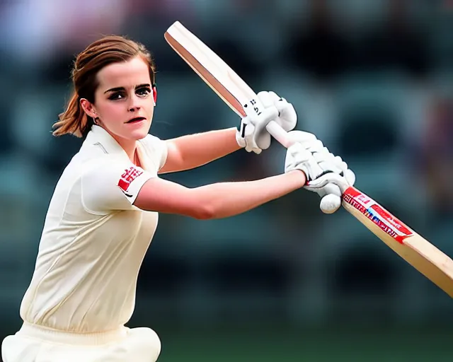 Prompt: emma watson opens the batting for england at lord's cricket ground, sports photography, bokeh, dramatic, filmic