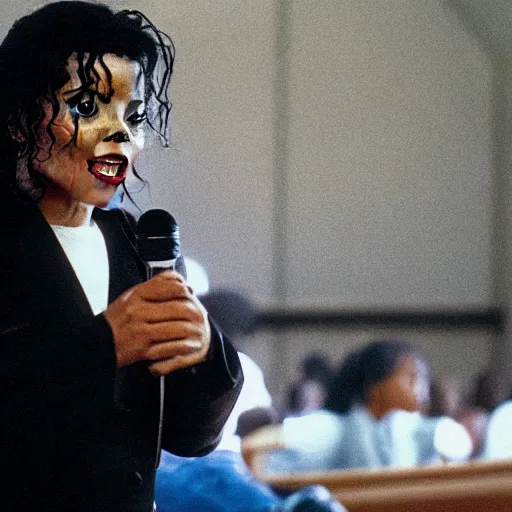 Image similar to cinematic still of Michael Jackson preaching at a Baptist Church in Rural Tennessee, close up, shallow depth of field, cinematic