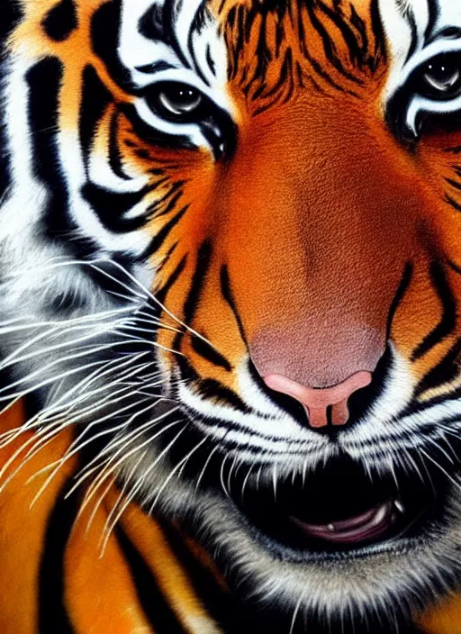 Image similar to a color photo of a tiger, a photorealistic painting by christian w. staudinger, behance, hyperrealism, hyper realism, majestic, wallpaper