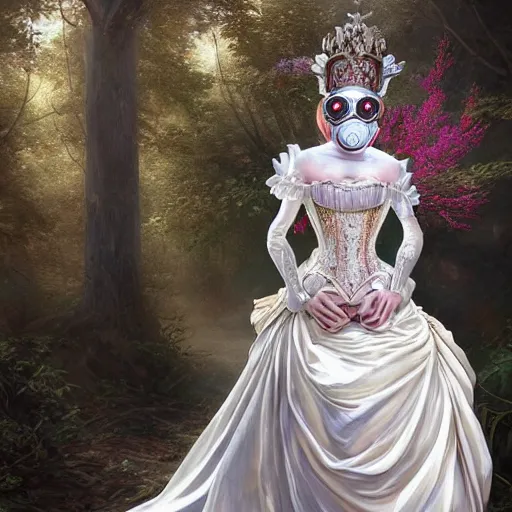 Image similar to A masterpiece ultrarealistic ultradetailed portrait of a Incredibly beautiful angel armored princess knight IN INCREDIBLE FEARFUL sharp poisoned GAS MASK WITH FLOWERS and swarovski crystals. baroque renaissance. in the forest. White amazing corset. medium shot, intricate, elegant, highly detailed. trending on artstation, digital art, by Stanley Artgerm Lau, WLOP, Rossdraws, James Jean, Andrei Riabovitchev, Marc Simonetti, Yoshitaka Amano. background by James Jean and Gustav Klimt, light by Julie Bell, 4k, porcelain skin. BY ZDIZISLAW BEKSINSKI Cinematic concept art