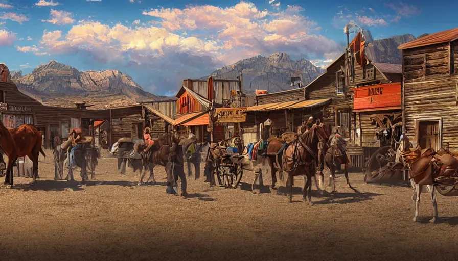 Image similar to an old west cowboy town, digital art, highly detailed, realistic, bright colors, 8 k