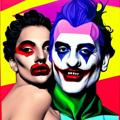 Image similar to richard hamilton and mimmo rottela as lady gaga harley queen and joaquin phoenix joker kissing, pop art, medium long shot, 2 color, justify content center, object details, dynamic composition, 4 k, ultra realistic art, smooth, sharp focus, illustration, concept art, intricate details, h 7 6 8