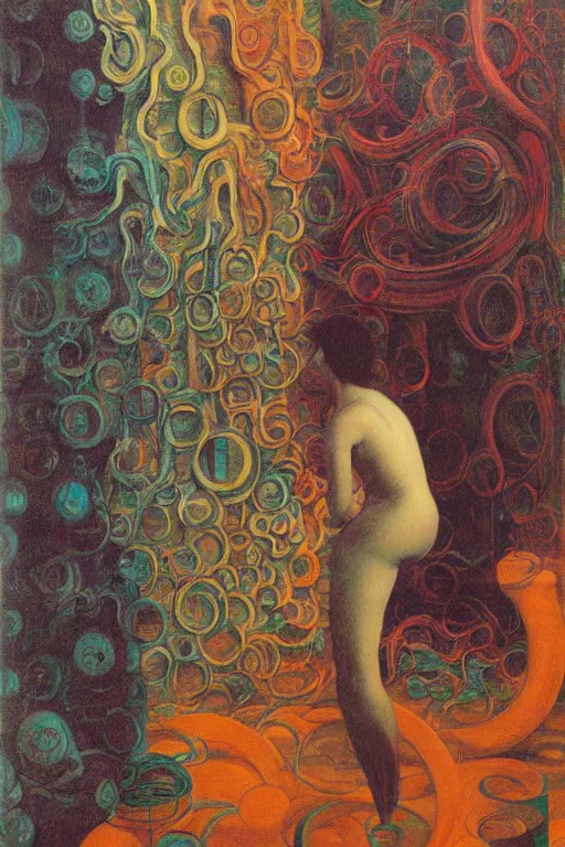 Image similar to realistic portrait of an engineer woman programming the samsara holy cluster, fine portrait, concept art, stunning, visionary, by brecht evens, by jean delville, by francis bacon