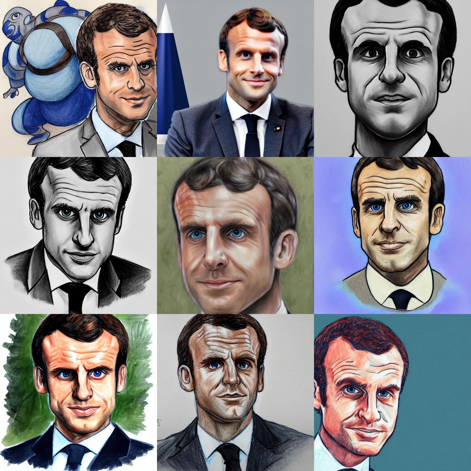 Prompt: portrait of emmanuel macron drawn like a blastoise pokemon