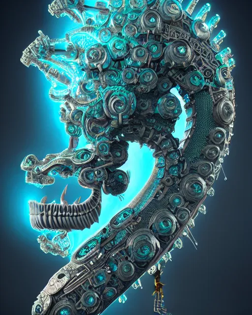 Image similar to 3 d ornate carved robot with tattoos profile portrait, sigma 5 0 0 mm f / 5. beautiful intricate highly detailed quetzalcoatl skull. bioluminescent, plasma, lava, ice, water, wind, creature, thunderstorm! artwork by tooth wu and wlop and beeple and greg rutkowski, 8 k trending on artstation