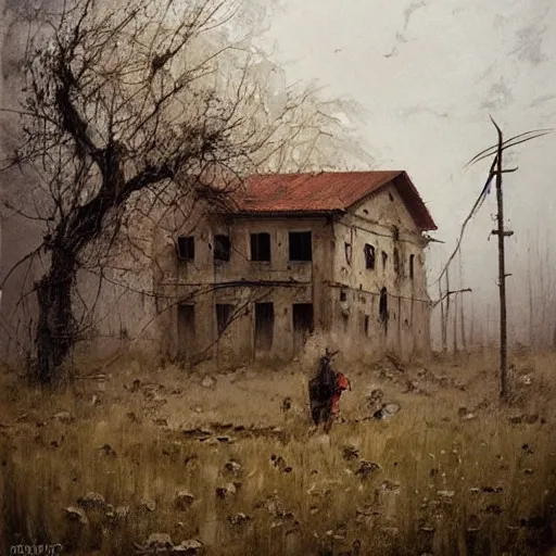 Image similar to painting by jakub rozalski of an abandoned post soviet town infested with root monsters