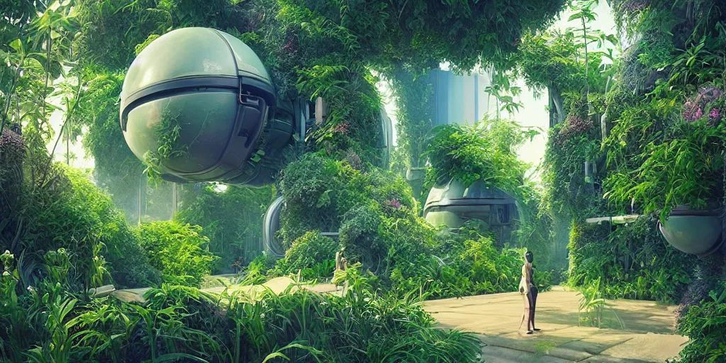 Image similar to solarpunk garden, sci - fi, plants, greenery, digital art by beeple