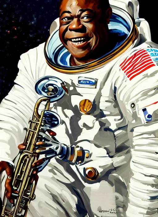 Prompt: a portrait of louis armstrong wearing a space suit on the moon, ( ( ( ( ( trumpet ) ) ) ) ), by greg manchess and john singer sargent and jonathan yeo, dramatic lighting, highly detailed digital painting