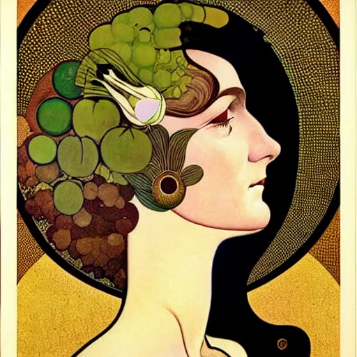 Prompt: Art in the style of Coles Phillips, Gaia, Mother Earth, side portrait, Mucha, Georgia O'Keeffe