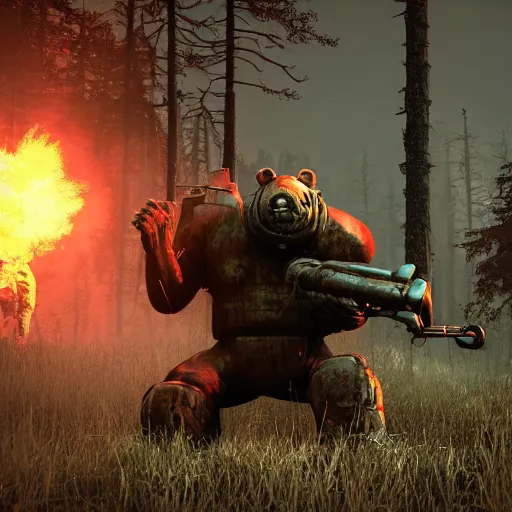 Prompt: Zombie bear vs a man in power armor with a minigun in his hands against the background of a radioactive forest, graphics, fallout 4 render, 3d computer render, maximum details, rain, night, spotlight,