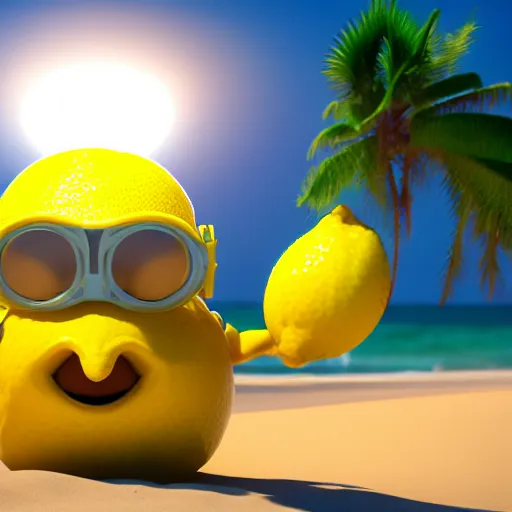 Image similar to 3 d octane render, of an anthropomorphic lemon character, with lemon skin texture, it is wearing a hat and scuba diving suit, building a sandcastle on the beach at sunset, beach, huge waves, sun, clouds, long violet and green trees, rim light, cinematic photography, professional, sand, sandcastle, volumetric lightening