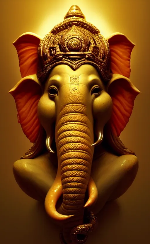 Image similar to a portrait of lord ganesha made of flesh and teeth, backlight, trending on artstation, volumetric lighting, atmospheric portrait, highly detailed, art by greg rutkowski and alphonse mucha