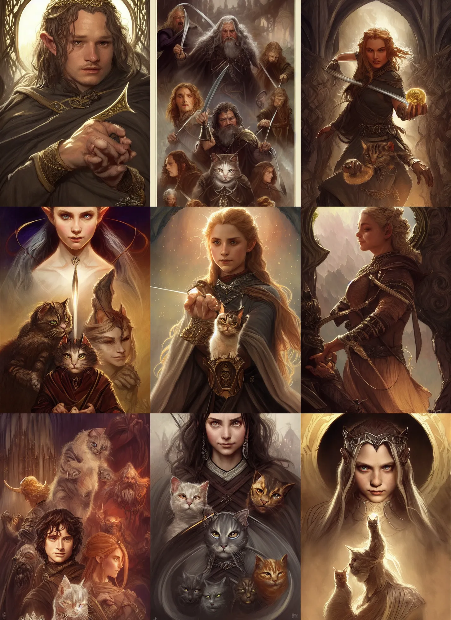 Prompt: characters from lord of the rings combined with characters from cats 2 0 1 9, fantasy, intricate, elegant, highly detailed, digital painting, artstation, concept art, matte, sharp focus, illustration, hearthstone, art by artgerm and greg rutkowski and alphonse mucha