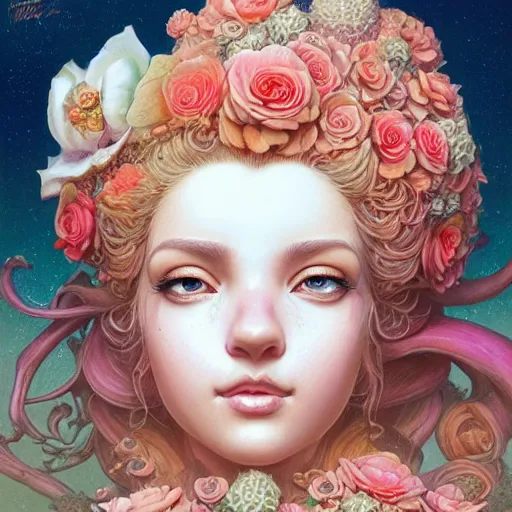 Prompt: a beautiful detailed front view portrait of princess peach with ornate growing around, ornamentation, flowers, elegant, beautifully soft lit, by wayne barlowe, peter mohrbacher, kelly mckernan,