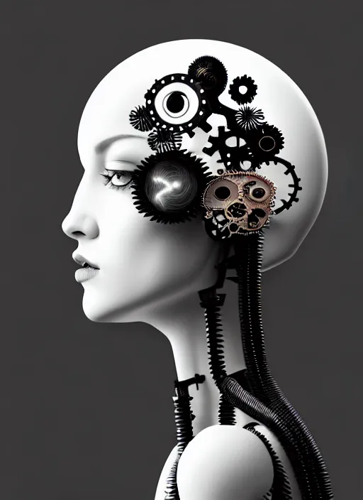 Image similar to black and white dreamy foggy profile face portrait, one steampunk eye biomechanical beautiful young female cyborg - robot, body ribs meshes, big monocular, volumetric light, hibiscus flowers, by hg giger, rim light, by dora maar and cecile beaton, big gothic fashion pearl embroidered collar, 8 k