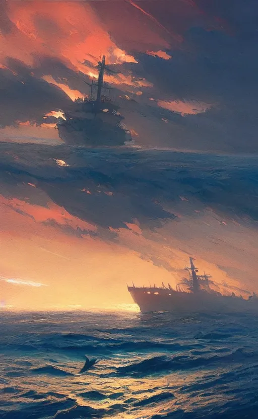 Prompt: a beautiful artwork illustration, concept art sketch of a single ship in the ocean at sunset, volumetric fog, godrays, high contrast, high contrast, high contrast, vibrant colors, vivid colors, high saturation, by Greg Rutkowski and Jesper Ejsing and Raymond Swanland and alena aenami, featured on artstation, wide angle, vertical orientation