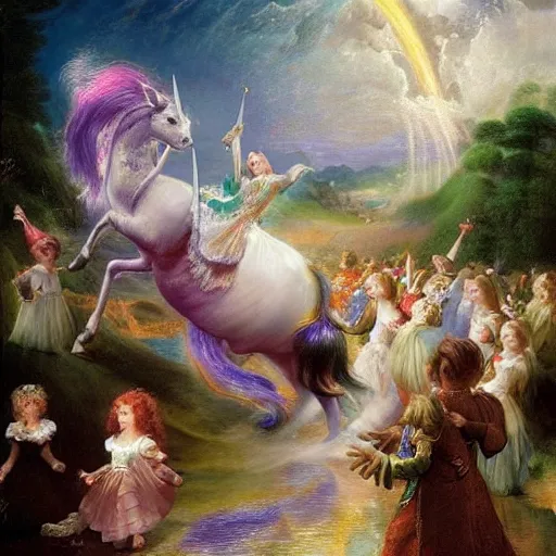 Prompt: The conceptual art features a pantomime unicorn onstage, surrounded by a group of children who are clapping and cheering. The unicorn is wearing a sparkly costume and has a long, flowing mane. Its horn is glittering and its eyes are wide open, as if it is enjoying the performance. by Thomas Moran flowing