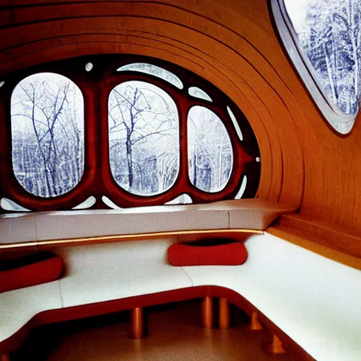 Prompt: the interior of a 1 9 8 0 s space ship carved out of wood, designed by eero saarinen, trees and snow visible through the windows