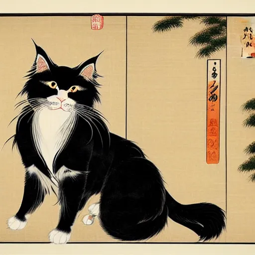 Image similar to beautiful portrait ukiyo - e painting of an ginger maine coon by kano hideyori, kano tan'yu, kaigetsudo ando, miyagawa choshun, okumura masanobu, kitagawa utamaro