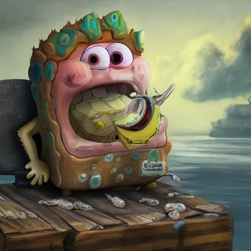 Image similar to post apocalyptic ultra realistic artstation digital painting of spongebob contemplating eating his pet snail gary