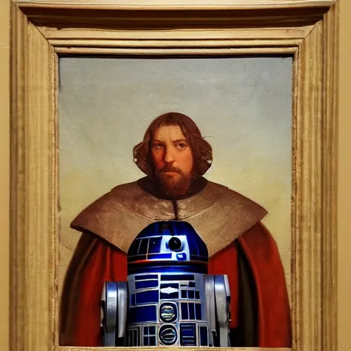 Image similar to a portrait painting of r 2 d 2 from star wars in a renaissance style hanging in the louvre