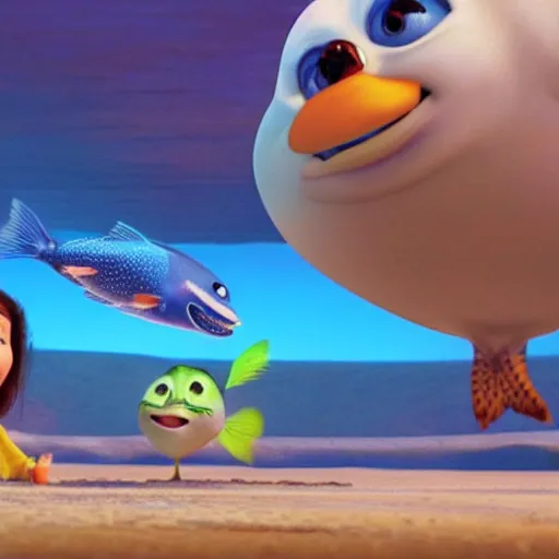 Prompt: screenshot of the new Pixar movie: The Flying Fish (2030)