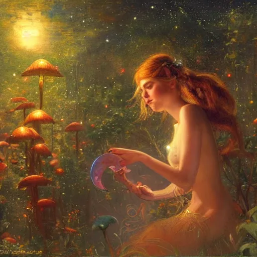 Image similar to attractive, fairy, in the night, fantasy, crescent moon in background, luminous, toadstools, fireflies, fantasy, highly detailed painting by gaston bussiere, craig mullins, j. c. leyendecker, mid shot, 8 k realistic, sharp focus