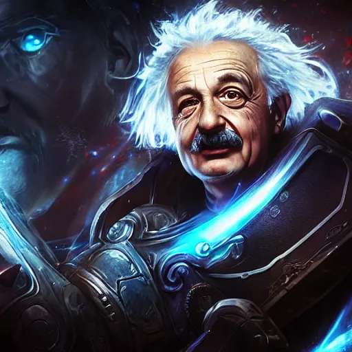 Prompt: Portrait of Albert Einstein, League of Legends amazing splashscreen artwork, Gears of War, splash art,natural light, elegant, photorealistic facial features, intricate, fantasy, detailed face, atmospheric lighting, anamorphic lens flare, cinematic lighting, league of legends splash art, hd wallpaper, ultra high details by Greg rutkowski