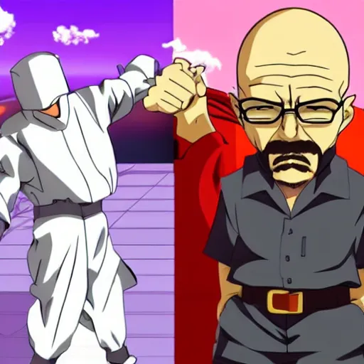 Prompt: an epic anime fight scene, walter white vs. gustabo.