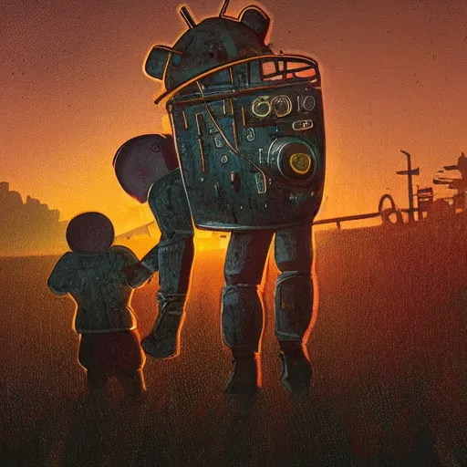 Image similar to metallic android carrying a sleeping child, background of farmland, buildings on fire, no blur, very detailed, nighttime, in the style of Simon Stalenhag