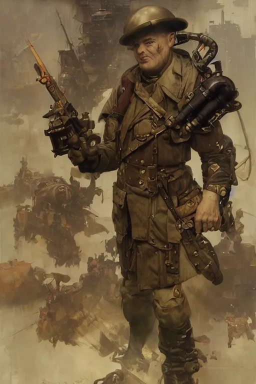 Prompt: dieselpunk military character concept art, painted by ruan jia, raymond swanland, lawrence alma tadema, zdzislaw beksinski, norman rockwell, jack kirby, tom lovell, alex malveda, greg staples