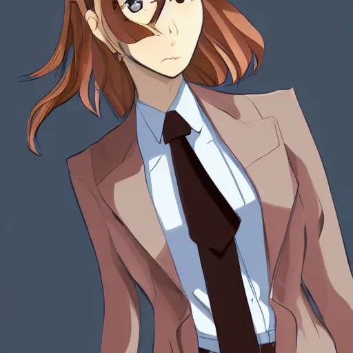 Prompt: female lawyer, business suit, brown neat hair, anime, pixiv, fanbox, trending on artstation, digital painting, defense attorney, clean, lightning