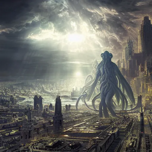 Image similar to cthulhu overlooking a city, volumetric lighting, 8 k octane beautifully detailed render, post - processing, extremely hyper - detailed, intricate, epic composition, cinematic lighting, masterpiece, trending on artstation, detailed detailed detailed, masterpiece, stunning art by anders zorn, wonderful masterpiece by greg rutkowski, beautiful cinematic light,