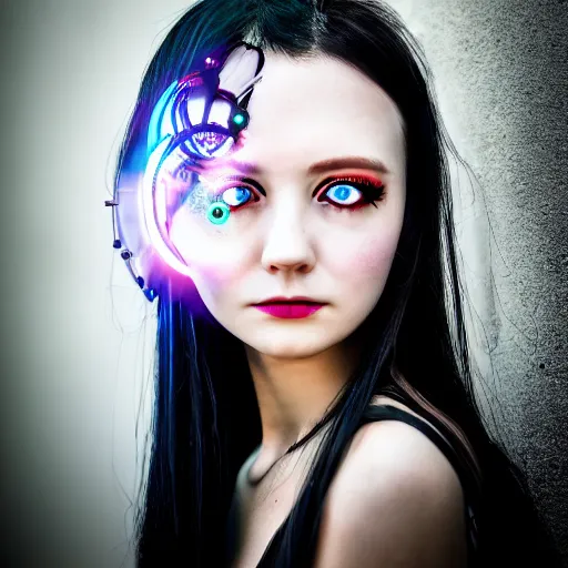 Image similar to prompt, modelsociety, radiant skin, huge anime eyes, steampunk, rtx on, perfect face, intricate, sony a 7 r iv, symmetric balance, polarizing filter, photolab, lightroom, 4 k, dolby vision, photography award