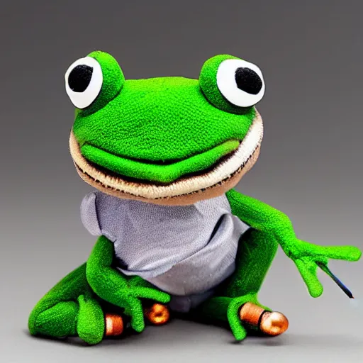 Image similar to photorealistic frog cleric as a chibi muppet plush made from transparent sheer fabric wearing a wolf skull on its head and carrying a tiny sketch book and pencil, photography, national geographic, sesame street