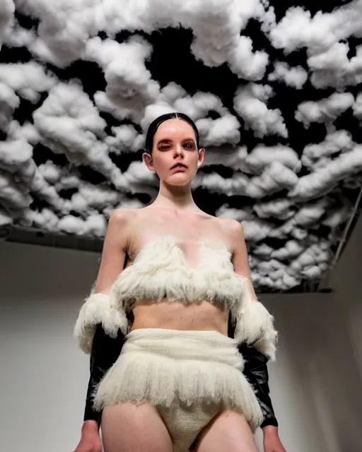 Prompt: natasha wearing an outfit made from clouds, at new york fashion week, lush black hair, average physique, freckled pale skin, kodak photo by steve mccurry and greg rutkowski, stage lighting, female beauty, intricate detail, risque fashion, elegance, 3 5 mm, depth of field, masterpiece