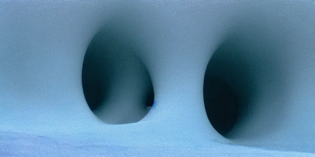 Image similar to a strange huge translucent pvc inflated organic architecture building with blue fluffy fur inside by anish kapoor sits in the rock mountains, film still from the movie directed by denis villeneuve with art direction by zdzisław beksinski, close up, telephoto lens, shallow depth of field