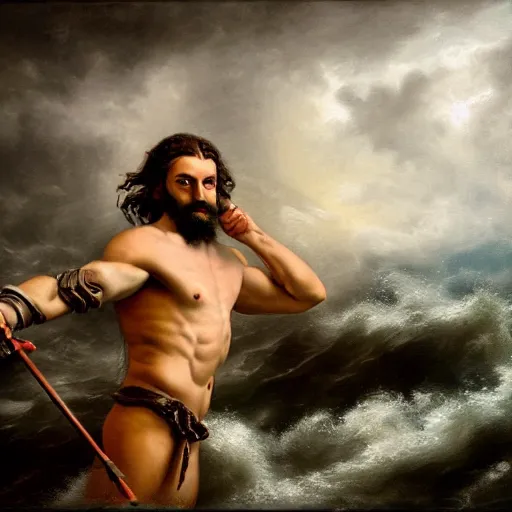 Prompt: poseidon standing at center frame holding a trident, with his back turned to the camera, a storm ahead, high res, oil painting, realistic, water, greek god, epic composition, masterpiece, award winning, low exposure
