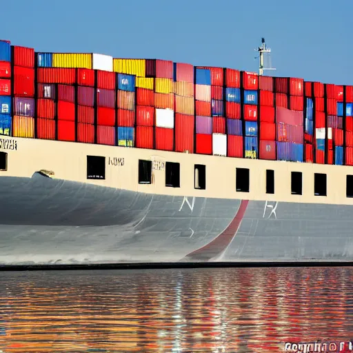 Prompt: close up of a a hydrofoil container ship in baltimore maryland. on the ship are haphazardly stacked multi - color shipping containers. the time is the golden hour and the water is very choppy. canon eos digital rebel xti, 1 0 0 - 3 0 0 mm canon f / 5. 6, exposure time : 1 / 1 6 0, iso 4 0 0