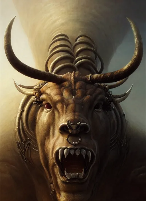 Image similar to closeup portrait shot of a minotaur in a scenic dystopian environment, intricate, elegant, highly detailed, centered, digital painting, artstation, concept art, smooth, sharp focus, illustration, artgerm, tomasz alen kopera, peter mohrbacher, donato giancola, joseph christian leyendecker, wlop, boris vallejo