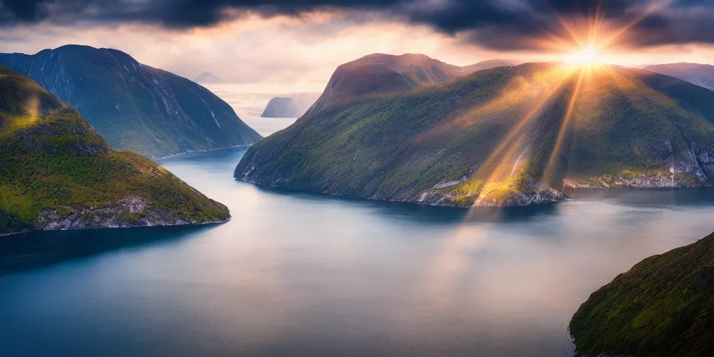 Prompt: a beautiful view of the fjords by the sea. atmosphere, god rays, golden hour, cinematic