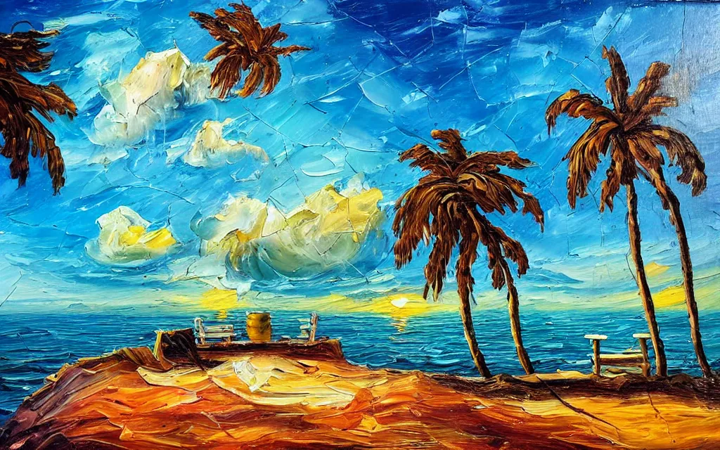 Prompt: in a big sea is a small island with a cute cozy cottage on it and a paved courtyard with benches and string lights, palm trees, sunset, puffy clouds, dramatic and dynamic lighting, thick brush strokes oil impasto painting