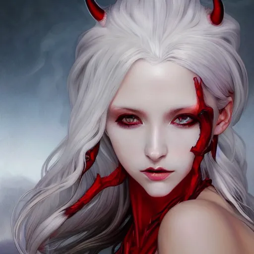 Image similar to ultra realistic illustration, dream humanoid demon girl with white hair, red horns, in white clothes, red eyes, intricate, elegant, highly detailed, digital painting, artstation, concept art, smooth, sharp focus, illustration, art by artgerm and greg rutkowski and alphonse mucha