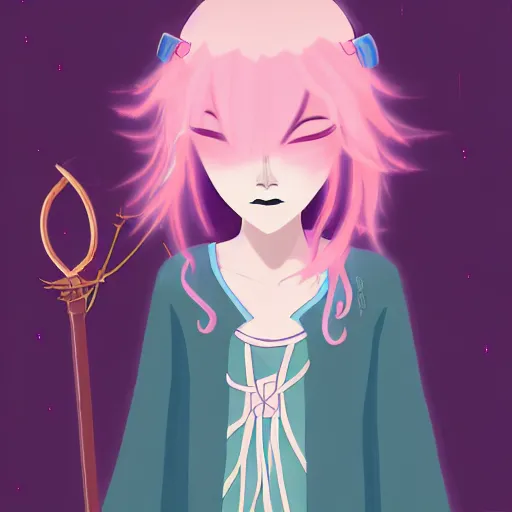 Image similar to A young adult witch with a cottage-core aesthetic with rose-colored hair and teal clothing, Nobutaka Ike, character design, fantasy, 8k resolution